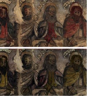 Détail des peintures de l’église San Andres de Biañez. Image RGB et IR fausses couleurs.
