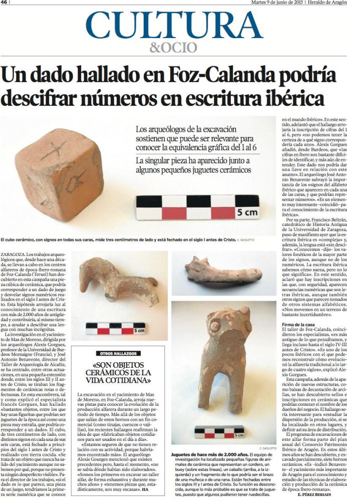 Un article paru récemment sur le projet LabEx "Production céramique ibérique" d'Alexis Gorgues dans le journal Heraldo de Aragon, juin 2015