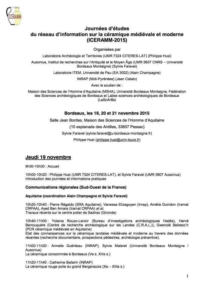 Journées d'études du réseau d'information sur la céramique médiévale et moderne (ICERAMM 2015), 19-21 novembre, Bordeaux
