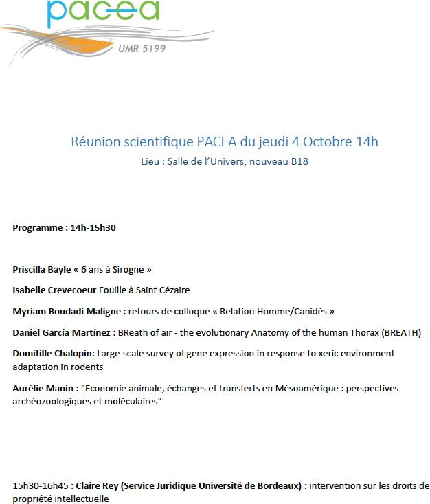 réunion scientifique de PACEA, 4 octobre 2018