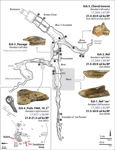Fig 4. Localisation des échantillons datés et des mesures obtenues au sein des principaux secteurs de la grotte