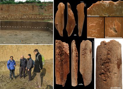 à gauche : fouilles et visite du site de Lingjing en 2016 par les co-auteurs de l’article (de gauche à droite : L. Zhanyang, F. d’Errico, L. Hao, L. Doyon) - à droite, deux des sept retouchoirs en os décrits dans l’étude