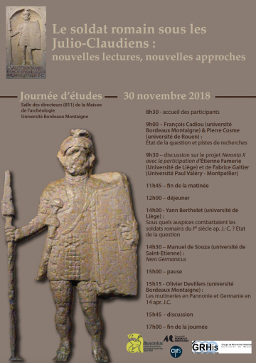 Le soldat romain sous les Julio-Claudiens, journée d'études, le 30 novembre 2018 à Bordeaux