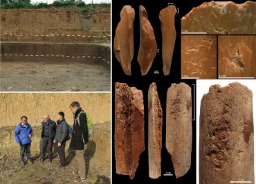 à gauche : fouilles et visite du site de Lingjing en 2016 par les co-auteurs de l’article (de gauche à droite : L. Zhanyang, F. d’Errico, L. Hao, L. Doyon) - à droite, deux des sept retouchoirs en os décrits dans l’étude