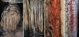 Coulée stalagmitique dans la Sala de las Estrellas de la Cueva de Ardales (Malaga, Andalucie) avec les traces de pigment rouge