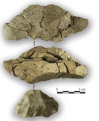 Réassemblage de 38 éclats et fragments d’éclats  résultant du débitage de la moitié d’un petit bloc de basalte - Lokalalei 2C, ouest du lac Turkana, Kenya,  2,34 millions d’années. Cliché PJ Texier