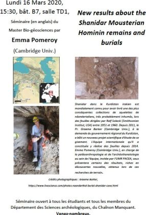 Séminaire PACEA : New results about the Shanidar Mousterian Hominin remains and burials, 16 mars 2020