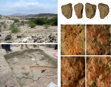 à gauche : formation de Olorgesailie ; fouille en cours d’un site Middle Stone Age par l’équipe d'A. Brooks -à droite : roche riche en oxide de fer portant des traces d’abrasion